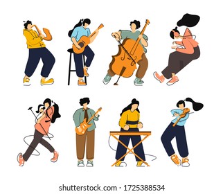 Character music set vector flat, people play musical instruments. Guitar, keyboard, violin, bass, headphones, singing, trumpet. Character concept for landing page, symphonic performance and group band