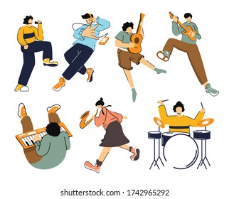 Character music set vector flat, young people play musical instruments isolated on white background. Guitar, keyboard, violin, bass, headphones, singing, trumpet. Character concept for landing page.