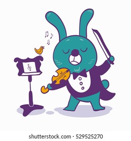 character musician funny bunny in tuxedo playing the violin. on the stand bird sings