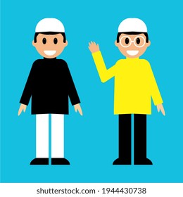 The character of a Muslim boy wears Muslim clothing complete with a hat and glasses.