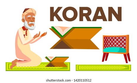Character Muslim Old Man Reading Koran Vector. Prayer Sticking To Koran, Home And In Mosque, Item For Studying Allah Book. Islamic Religion And Ramadan Kareem Flat Cartoon Illustration