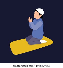 The character of a Muslim wearing a white hat who is praying in the month of Ramadan