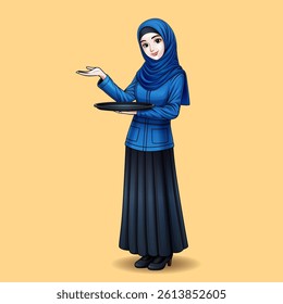 The character of a Muslim woman, a restaurant waitress, in a blue dress