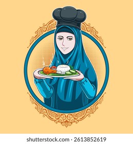 Character of a Muslim woman restaurant waitress carrying food