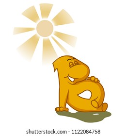 A character named Bitcoin sunbathes in the sun. Vector illustration of emotions have fun, relax, enjoy.