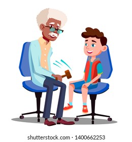 Character Neurologist Checking Boy Reflex Vector. Doctor Knocking Patella With Hammer For Diagnostic Reflex And Consultation Young Man In Hospital. Medicine Flat Cartoon Illustration