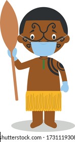 Character From New Zealand Dressed In The Traditional Way Of The Maori Tribe And With Surgical Mask And Latex Gloves As Protection Against A Health Emergency