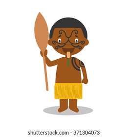 Character from New Zealand dressed in the traditional way of the Maori tribe. Vector Illustration. Kids of the World Collection.
