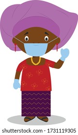 Character from Nigeria dressed in the traditional way with a gele and with surgical mask and latex gloves as protection against a health emergency