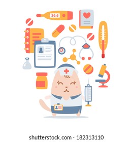 Character nurse in uniform with a medical cap colorful flat composition of professional accessories. Cat female stands smiling and holding a  syringe
