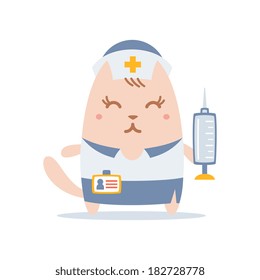 Character nurse in uniform with a medical cap colorful flat. Cat female stands smiling and holding a syringe 