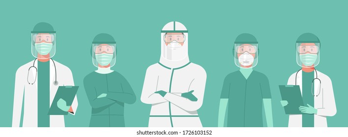 personaje de enfermeras y doctores con trajes protectores, protección de rocas y caras parados juntos para luchar contra el COVID-19, personajes médicos masculinos y femeninos ponen dibujos animados de ilustraciones planas vectoriales