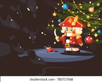 Character of nutcracker with saber under Christmas tree. Vector illustration