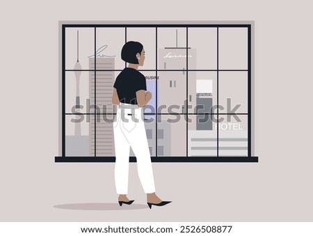 Character observes the bustling cityscape through a hotel window as evening settles, contemplating life and the stories hidden in the vibrant skyline outside