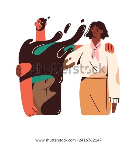 Character with obsession disorder imposes his opinion. False friend disguises envy. Hidden jealousy. Fake friendship. Toxic relationship concept. Flat isolated vector illustration on white background