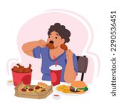 Character With An Obsessive Eating Disorder Struggles With Her Addiction, Using Food As A Coping Mechanism For Her Emotional Pain. Woman Greedily Eating Fast Food. Cartoon People Vector Illustration