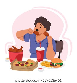 El Carácter Con Un Trastorno Osesivo De La Comida Lucha Con Su Adicción, Usando La Comida Como Un Mecanismo Para Enfrentar Su Dolor Emocional. La Mujer Comía Alimentos Rápidos De Manera Graciosa. Ilustración de vectores de personas de caricatura