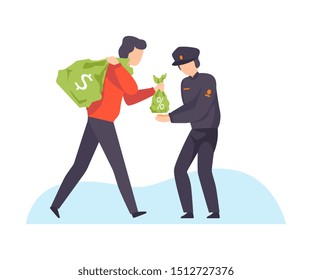 Character offer bag of money to policeman