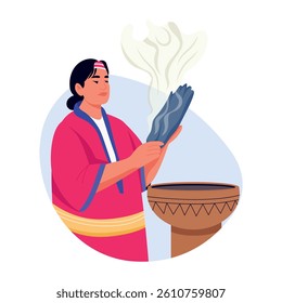 A character offering with sage smoke, flat illustration