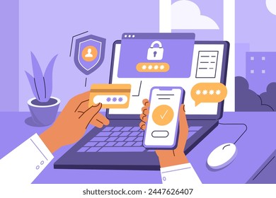 Character at office desk making secure payment with credit card and using multi factor authentication on laptop and smartphone. Authentication concept. Vector illustration 