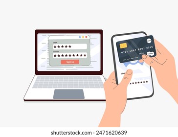 Character at office desk making secure payment with credit card and using multi factor authentication on laptop and smartphone. Authentication concept. Vector illustration