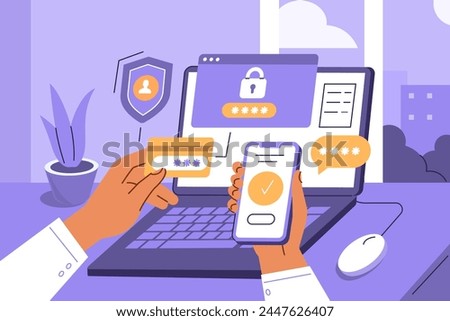 Character at office desk making secure payment with credit card and using multi factor authentication on laptop and smartphone. Authentication concept. Vector illustration 