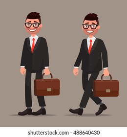 Character office worker or a businessman. A man in a business suit stands and goes. Vector illustration