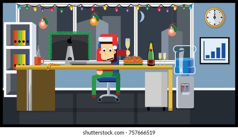 Character. Office worker with a glass of champagne wishes everyone a Merry Christmas and a Happy New Year. Vector illustration. Flat style.