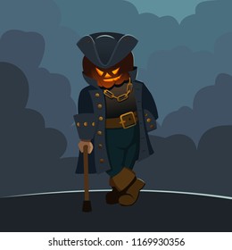 A character in an old costume in a pirate cocked hat with a pumpkin head standing with a cane. Halloween