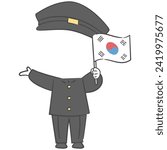 A character in old Korean attire holding the national flag, with a cutout for the face.