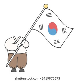 A character in old Korean attire holding the national flag, with a cutout for the face.