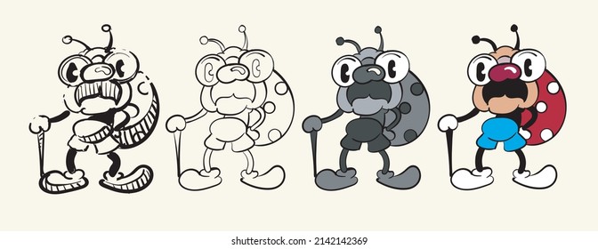 Character Old ladybug sketch,lineart,colorless and colored. Stages of drawing coloring book vintage toons: funny character, vector illustration trendy classic retro cartoon style 30s.