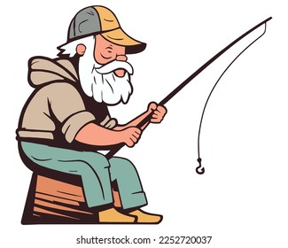 el personaje de un anciano en una gorra se sienta con una caña de pescar y pesca para su placer. ilustración vectorial plana