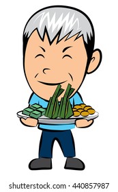 character old man hold Thai desserts