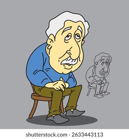 Character of an old man sitting on a chair and looking sad
