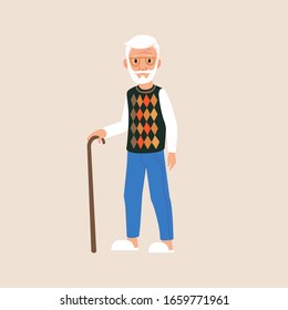 Charaktere alter Mann mit Walking Stick. Vektorillustration Illustration.