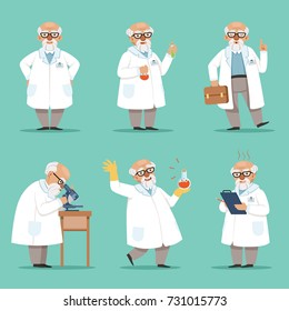 Character of old scientist or chemist. Mascot design of crazy professor. Male teacher. Vector pictures set. Chemist and scientist professor, experiment and science illustration