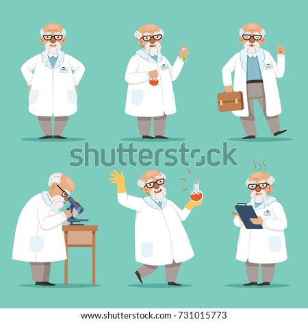 Character of old scientist or chemist. Mascot design of crazy professor. Male teacher. Vector pictures set. Chemist and scientist professor, experiment and science illustration