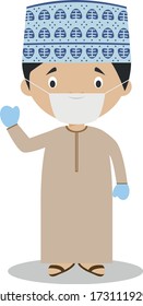 Character from Oman dressed in the traditional way and with surgical mask and latex gloves as protection against a health emergency