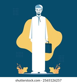 character Omani and Gulf man wearing a traditional thobe and Omani turban mussar in minimalistic vector outline art style.