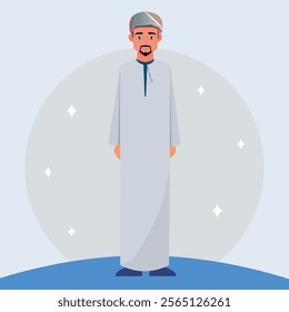 character Omani and Gulf man wearing a traditional thobe and Omani turban mussar in minimalistic vector outline art style.
