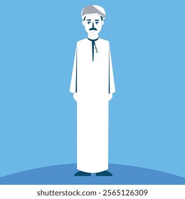 character Omani and Gulf man wearing a traditional thobe and Omani turban mussar in minimalistic vector outline art style.