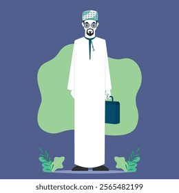 character Omani and Gulf man wearing a traditional thobe and Omani turban mussar in minimalistic vector outline art style.