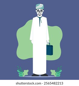 character Omani and Gulf man wearing a traditional thobe and Omani turban mussar in minimalistic vector outline art style.