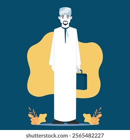 character Omani and Gulf man wearing a traditional thobe and Omani turban mussar in minimalistic vector outline art style.