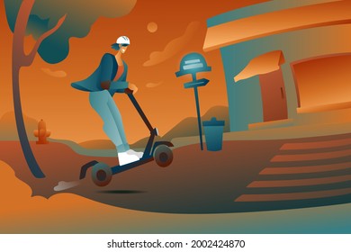 A character on a e-scooter drives past a store against an abstract flat background. The concept of a fast ride around the city. Tricks on an electric scooter in a helmet and elbow pads.