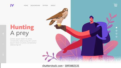 Character on Falconry Festival or Outdoor Zoo Park Landing Page Template. Wild Falcon Sitting on Man Hand in Leather Glove. People Visit Bird Hunting, Tourists Recreation. Cartoon Vector Illustration