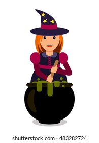 character on Halloween,little witch stirs the a potion in a cauldron. flat vector illustration isolate on a white background