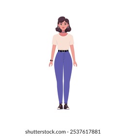 Personaje sobre un fondo aislado. Mujer de pie frontalmente en atuendo de oficina casual. Ilustración de estilo plano