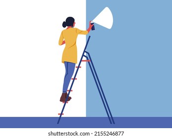 Character on a ladder painting a wall. Female likeness person sprayung a wall surface, graffiti painting. Graffiti artist. Creative occupation. Vector.